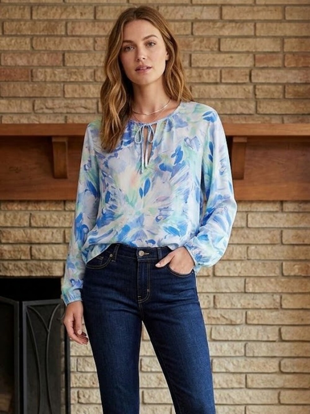 cloth & stone Blue and Aqua Watercolor Tie-Front Blouse